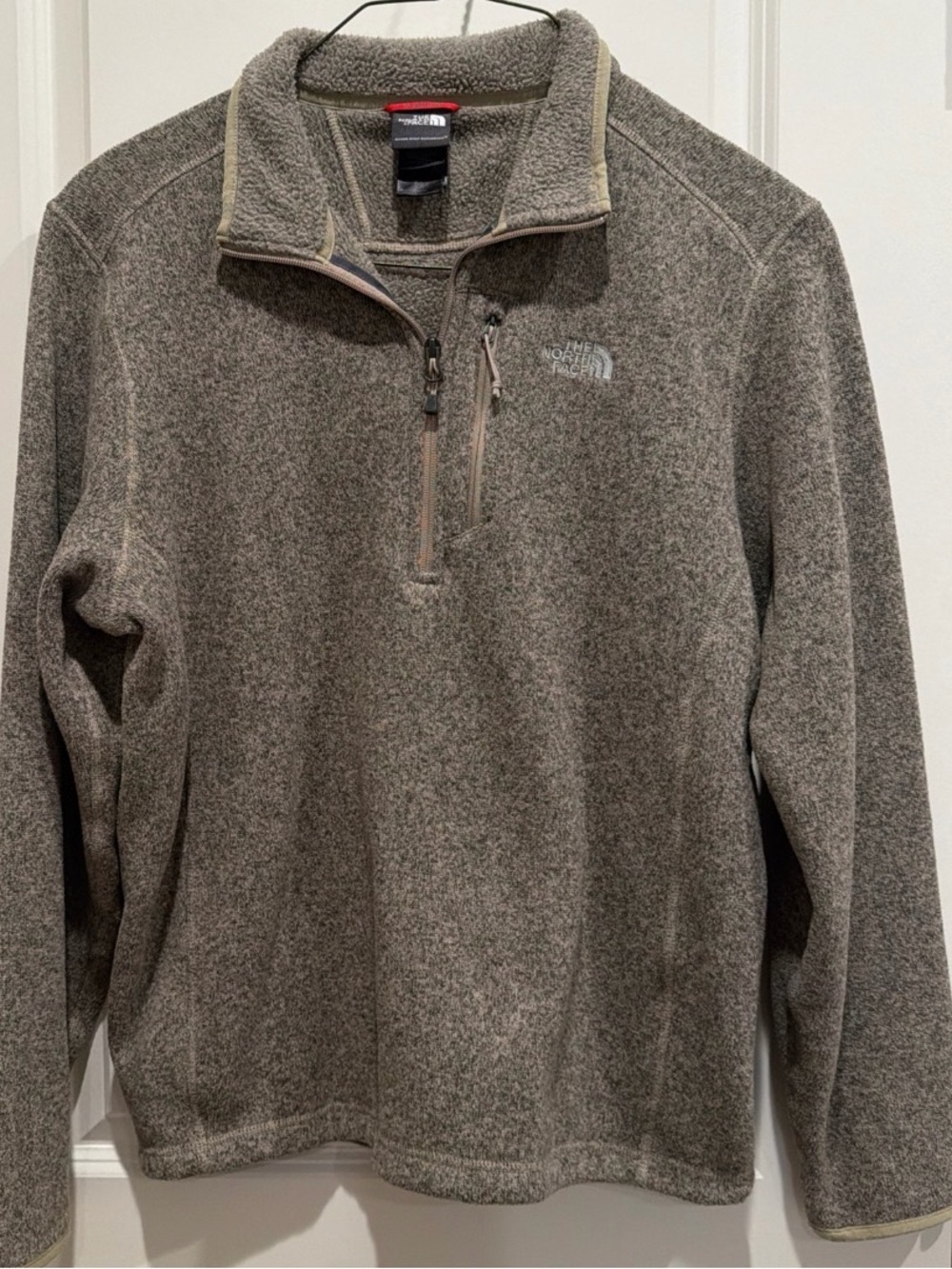 The North Face Men’s Zip-Up Polar Fleece Pullover in Heather Gray and Tan Trim